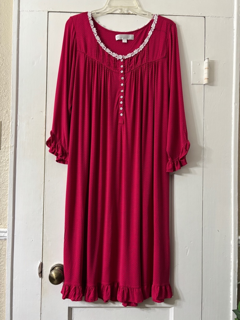 Eileen West Raspberry Red Ruffled Nightgown with Lace Trim